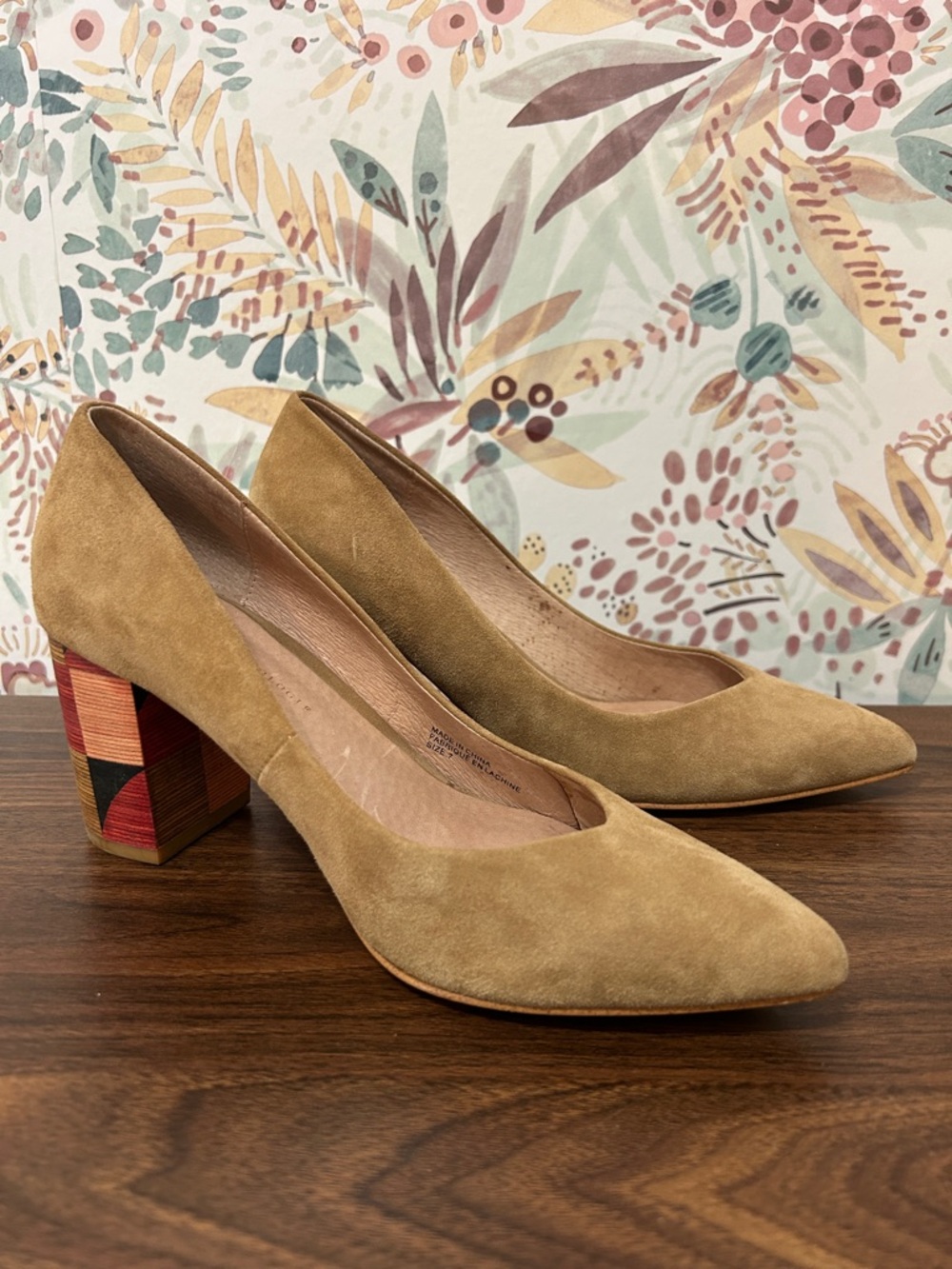 Anthropologie Ada Suede Color-block Chunky Nude Tan Heel Size 7